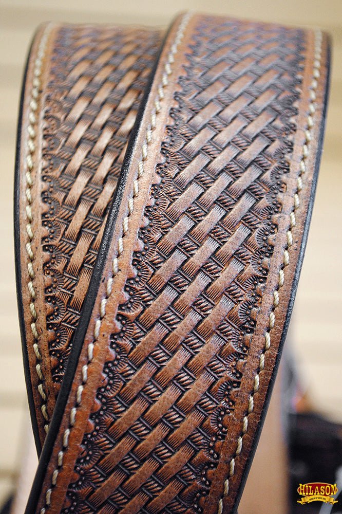 60 In Hilason Hand Tooled Basketweave Heavy Duty Western Work Leather Mens Womens Belt Dark Brown