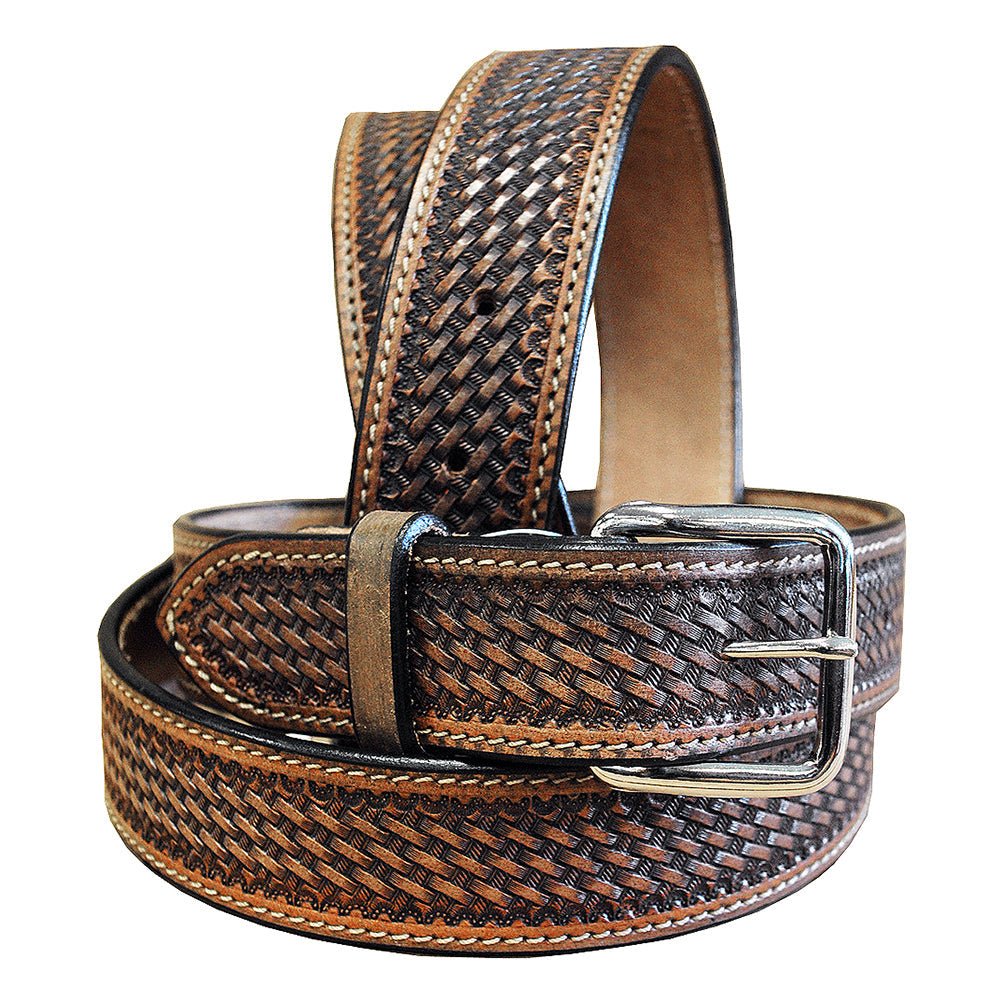 60 In Hilason Hand Tooled Basketweave Heavy Duty Western Work Leather Mens Womens Belt Dark Brown