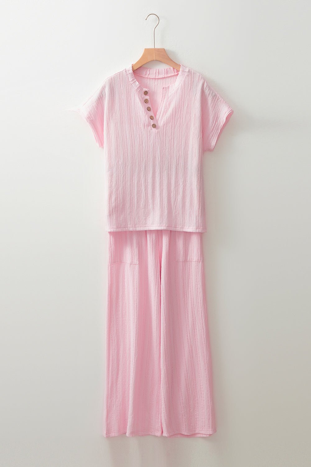 Textured Henley Top &amp; Wide Leg Pants Set