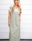 Stripe Collared V-Neck Short Sleeve Midi Dress