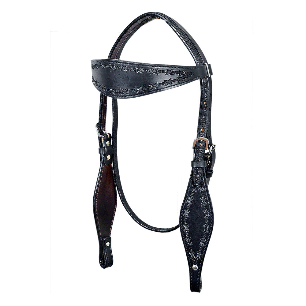 HILASON Western Horse Headstall Breast Collar Set Tack Genuine American Leather Barb Wire Black