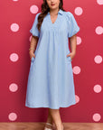 Plus Size Stripe Shirred Collared V-Neck Midi Dress