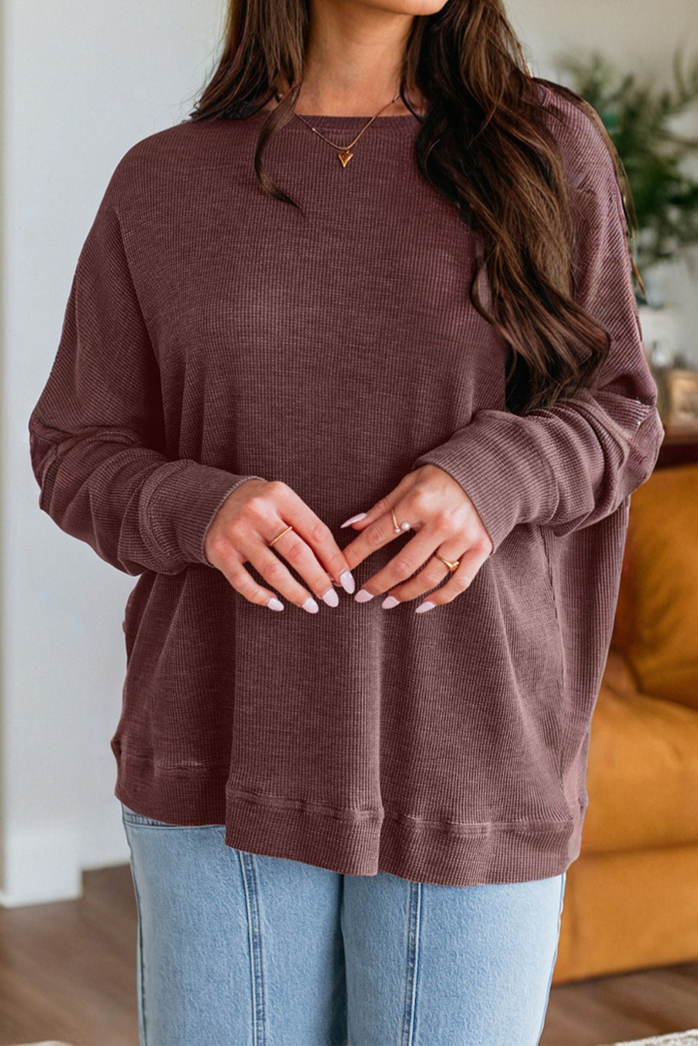 Waffle Knit Patchwork Long Sleeve Top