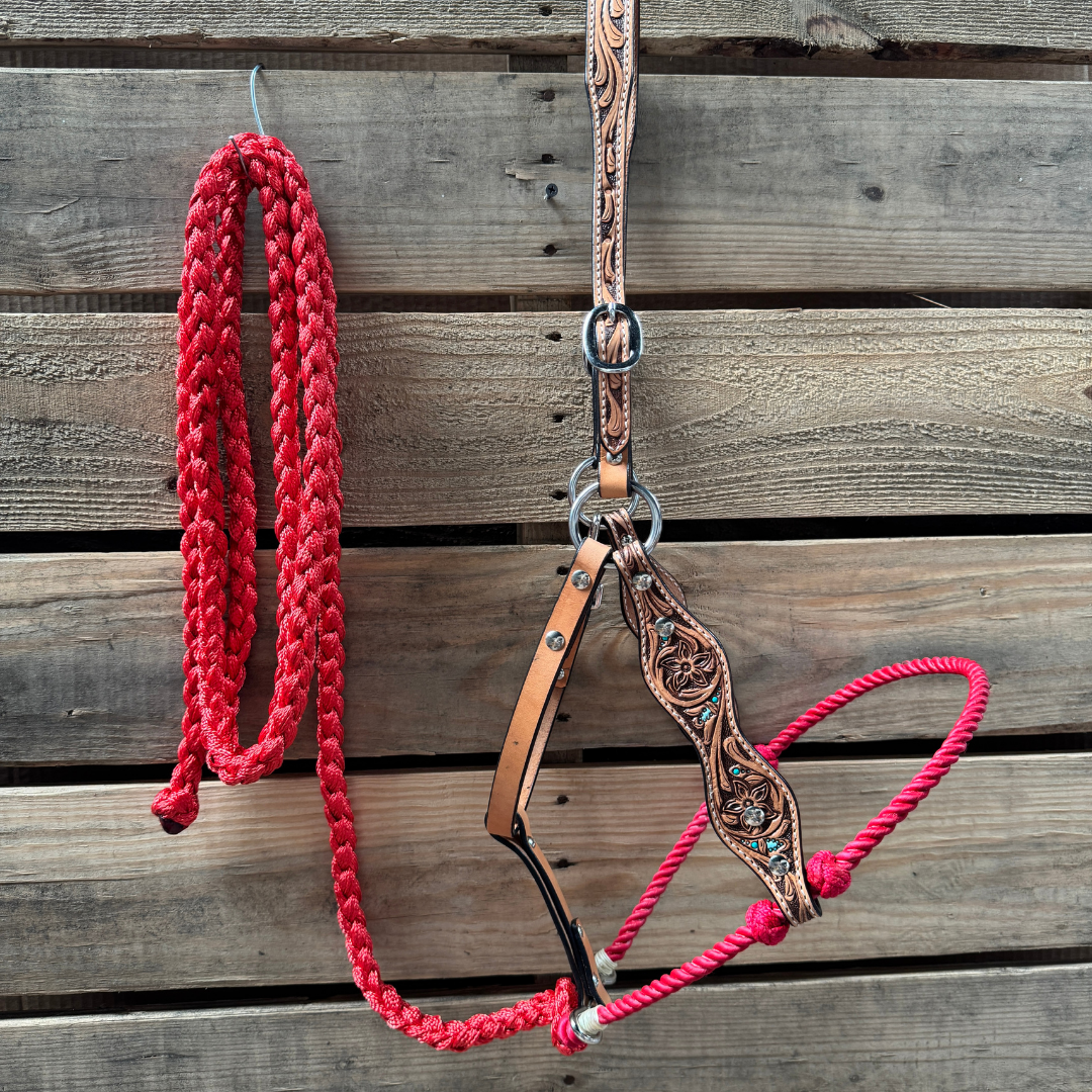 Red Floral Tooled Lariat &amp; Leather Combo Halter