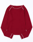 Solid Waffle Knit Round Neck Long Sleeve Top