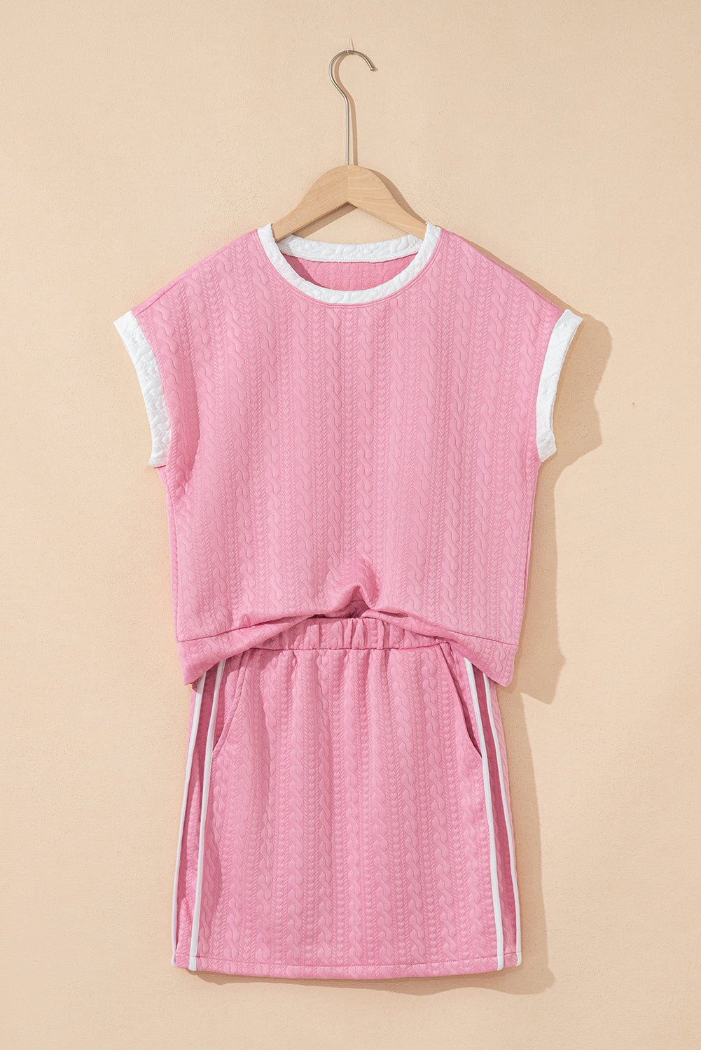Textured Contrast Trim Crewneck Tee &amp; Pocketed Skirt Set