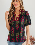 Floral Contrast Slit V-Neck Short Bubble Sleeve Blouse