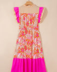 Floral Colorblock Ruffle Short Sleeve Midi Dress