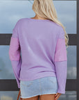 Colorblock Waffle Knit Patchwork Long Sleeve Top