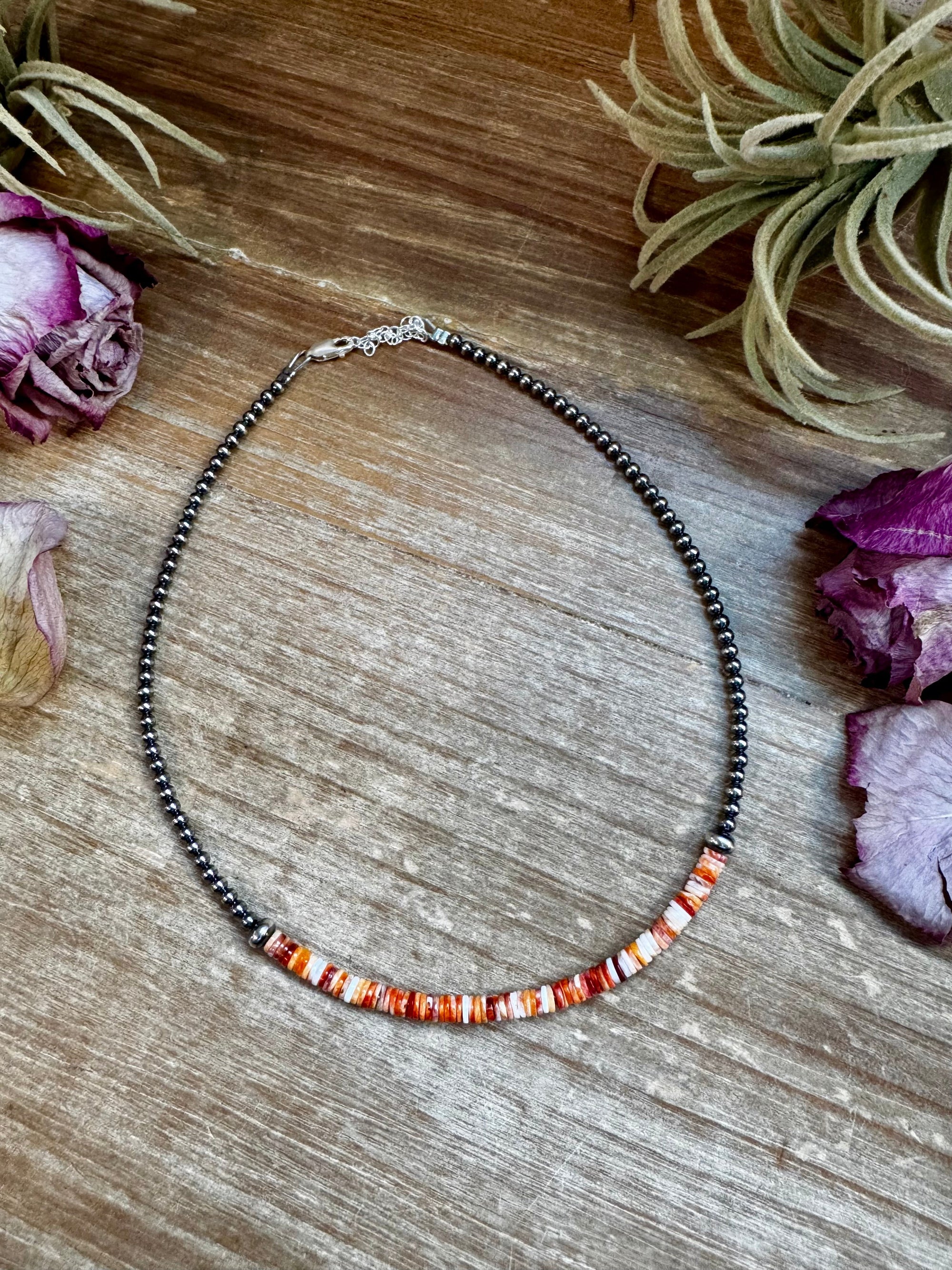 Spiny Oyster Heishi &amp; Sterling Silver Pearl Choker