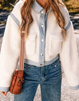 Solid Contrast Trim Buttoned Sherpa Jacket