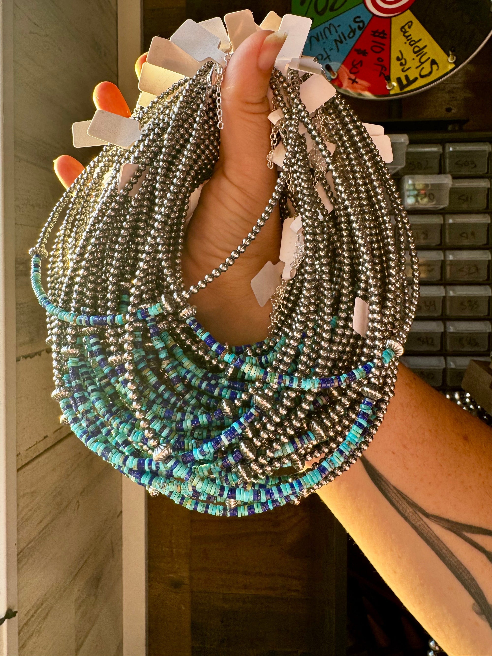 Lapis &amp; Turquoise Heishi Choker – 14" Sterling Silver Beads