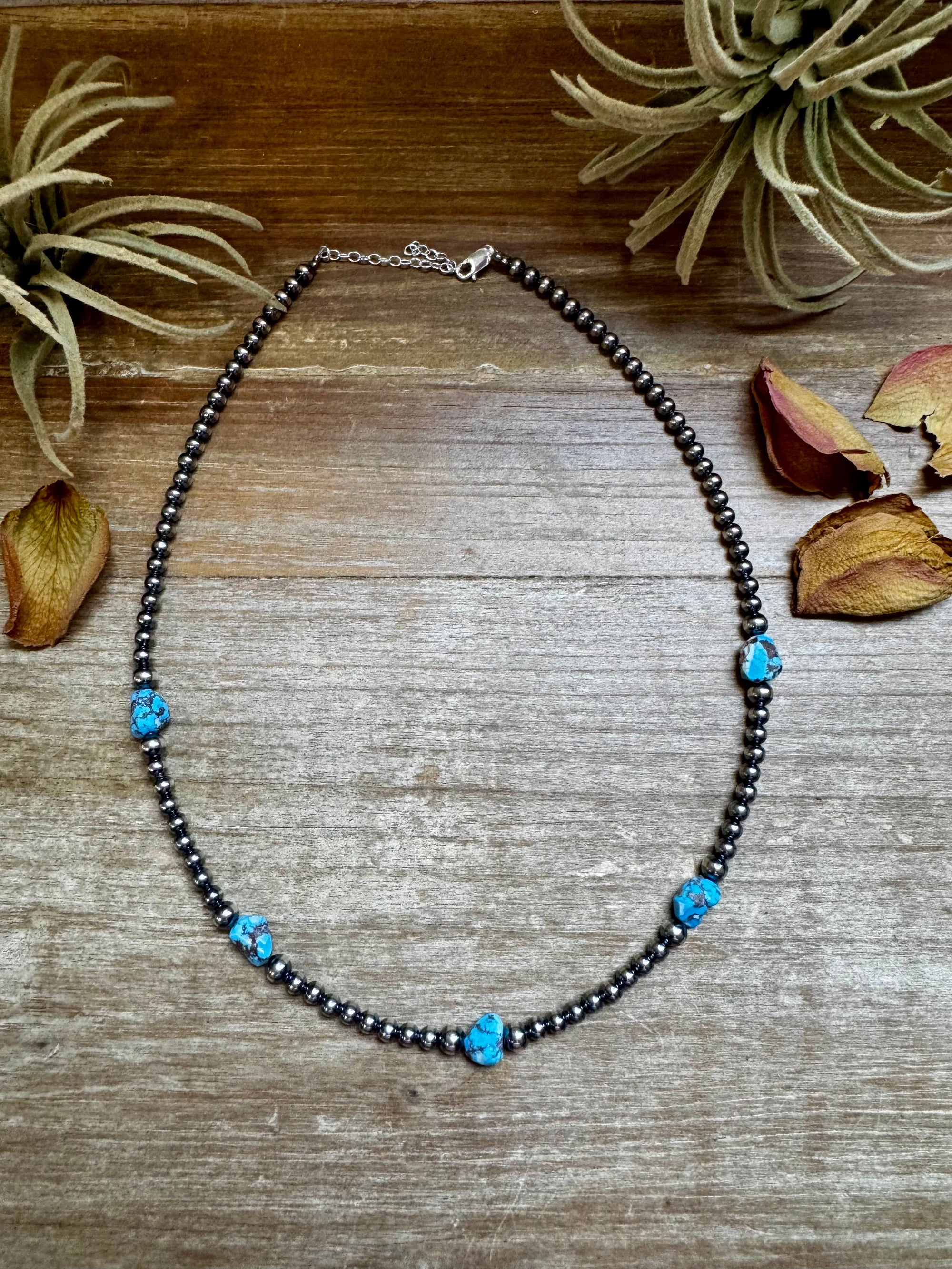 Golden Hill Turquoise &amp; Sterling Silver Pearl Necklace – 16" + Extender
