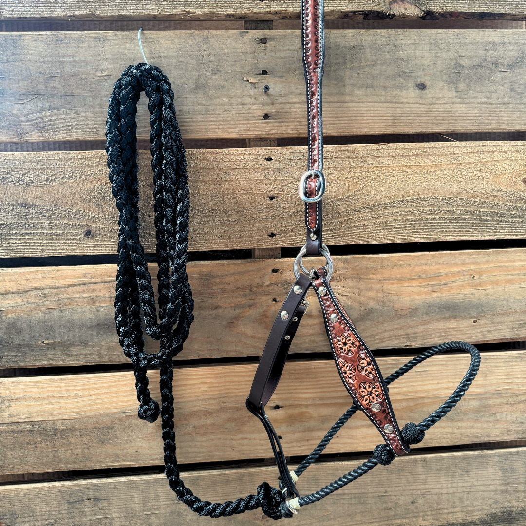 Black Flower Power Tooled Lariat &amp; Leather Combo Halter
