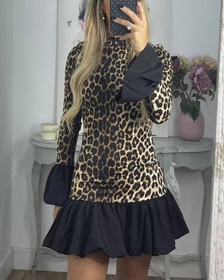 Leopard Print Panelled Flared Sleeve Slim Mini Dress