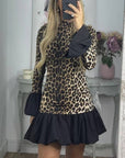 Leopard Print Panelled Flared Sleeve Slim Mini Dress