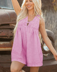 Denim Mineral Wash Pleated V-Neck Romper