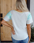 Floral Contrast Stripe Insert Sleeve Round Neck Tee