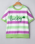 Stripe Lucky Clover Embroidered Dolman Sleeve Tee