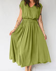 Solid V-Neck Cap Sleeve Elastic Waist Dress