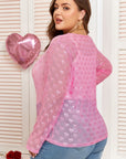 Plus Size Bow Tie Mesh Embroidered Long Sleeve Top