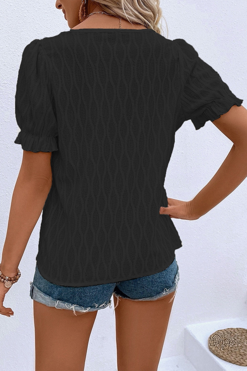 Solid Textured Notch Neck Puff Sleeve Blouse