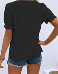 Solid Textured Notch Neck Puff Sleeve Blouse