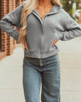 Waffle Zip Up Snap Button Hooded Jacket