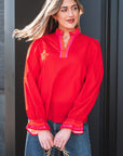 Stripe Trim Ruffle Split Neck Long Sleeve Blouse
