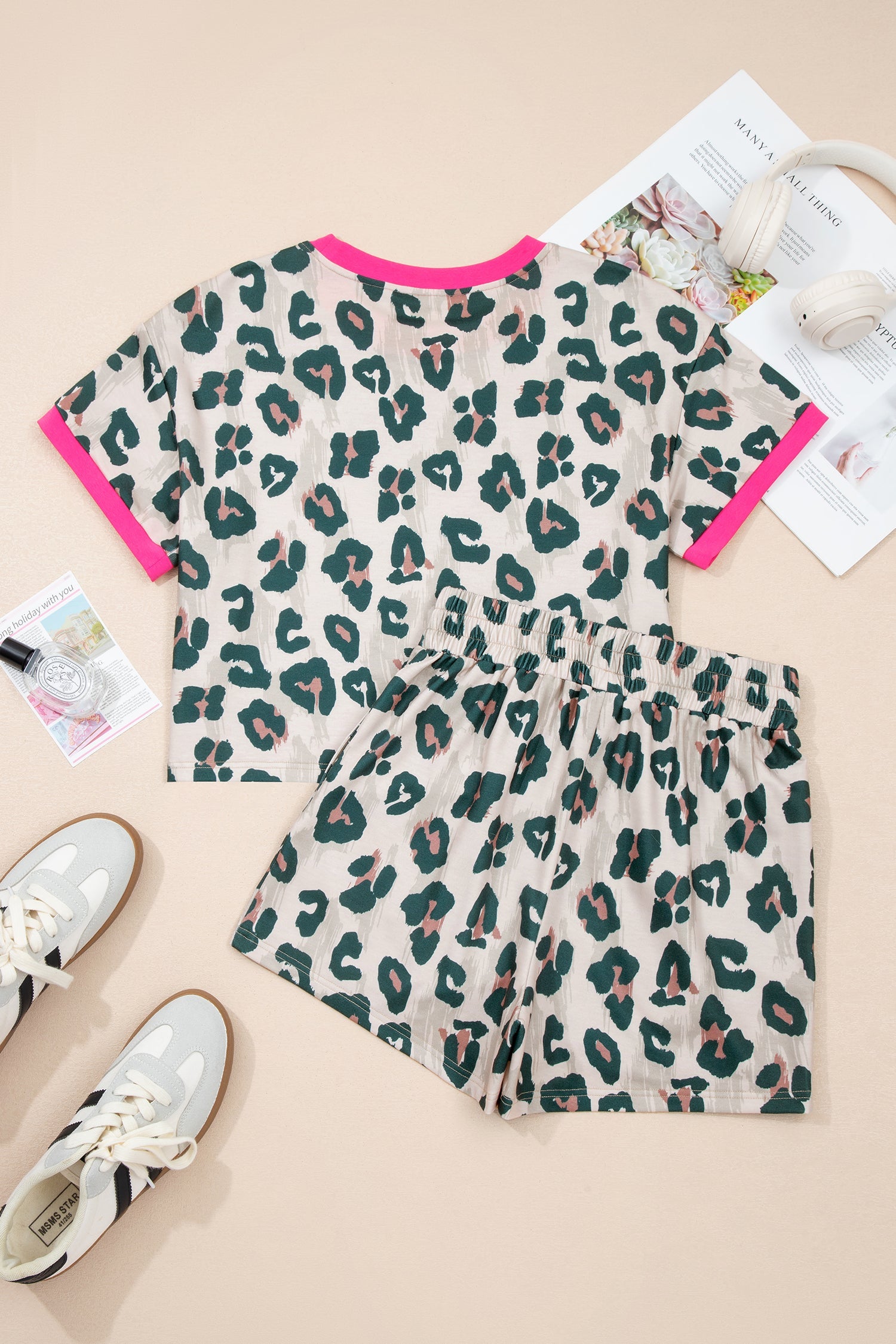 Leopard Contrast Trim Top &amp; High Waist Shorts Set