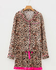 Leopard Contrast Trim Shirt and Ruffle Hem Short Set