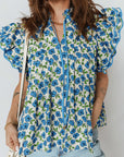 Flower Tiered Flutter Sleeve Pleated Blouse