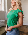 Nellie Embroidered Ruffled Sleeve Slim Fit Crew Neck Top