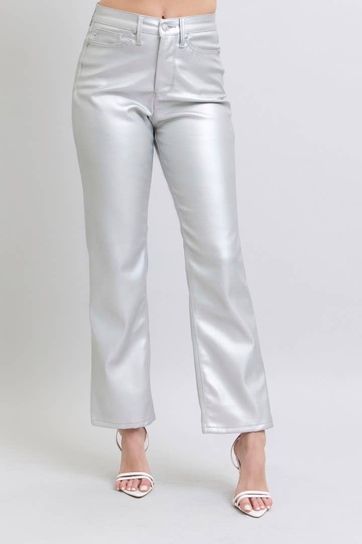 Tummy Control Metallic Silver Faux Leather Straight