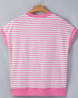 Stripe Half Placket High Low Short Sleeve Top