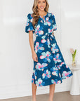 Floral Short Puff Sleeve Ruffle Belted Midi Dress