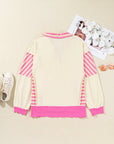 Pink Stripe Contrast Polo Collar Drop Shoulder Patchwork Plus Size Pullover