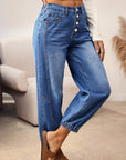 Denim Buttoned Fly Tapered Barrel Leg Jeans