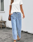 Denim Raw Hem Drawstring Wide Leg Pants