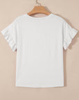Solid Ribbed Knit Ruffle Short Sleeve T-Shirt