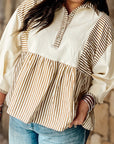 Plus Size Stripe Colorblock Patchwork Half-Button Blouse