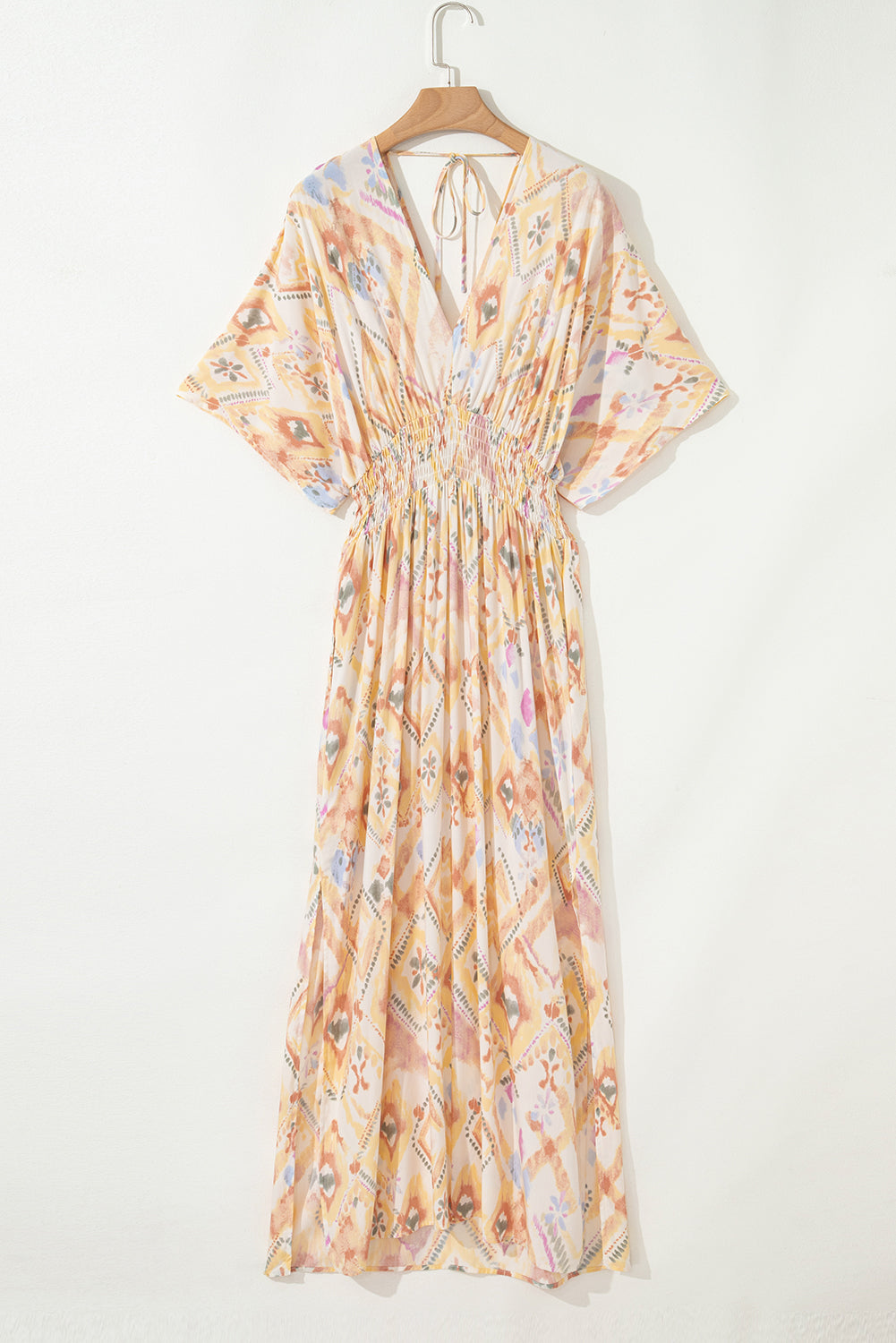 Geometric 3/4 Sleeve Shirred Maxi Dress
