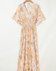 Geometric 3/4 Sleeve Shirred Maxi Dress