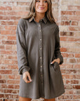 Waffle Knit Pleated Drop Shoulder Shirt Dress
