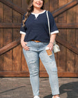 Plus Size Stripe Contrast Trim Ribbed T-Shirt