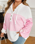 Pink Stripe Leopard Patchwork Waffle Knit Buttoned Plus Size Hoodie