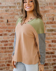 Colorblock Thermal Textured Knit Drop Shoulder Henley Top