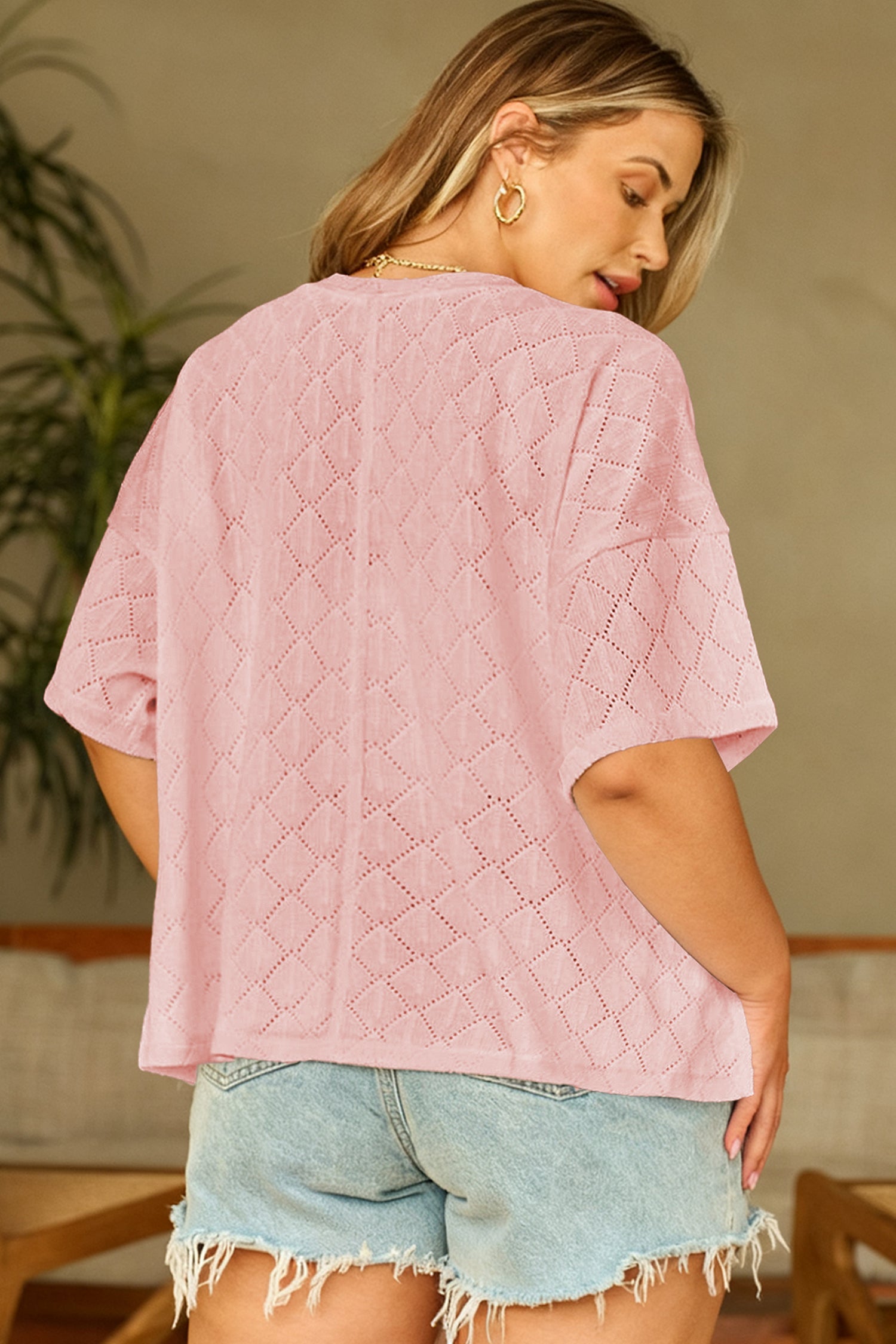 Plus Size Rhombus Pointelle Knit V-Neck Top