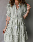 Stripe Tassel Tie-Neck Ruffle Tiered Dress