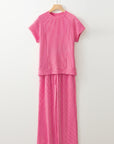 Solid Corded Short Sleeve T Shirt And Wide Leg Pants Set